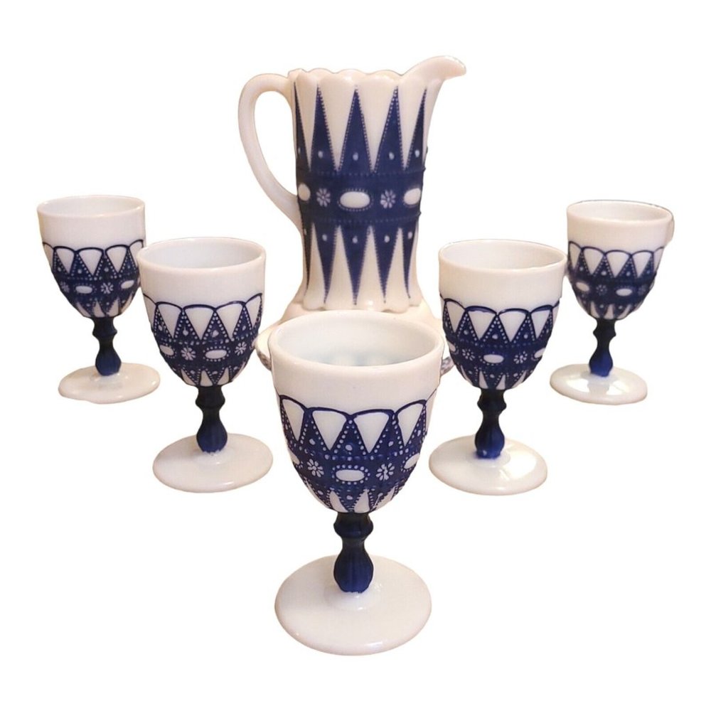 Phoenix Milk Glass Lacy Blue Dew Drop 8" Pitcher w 5 Goblets Vintage